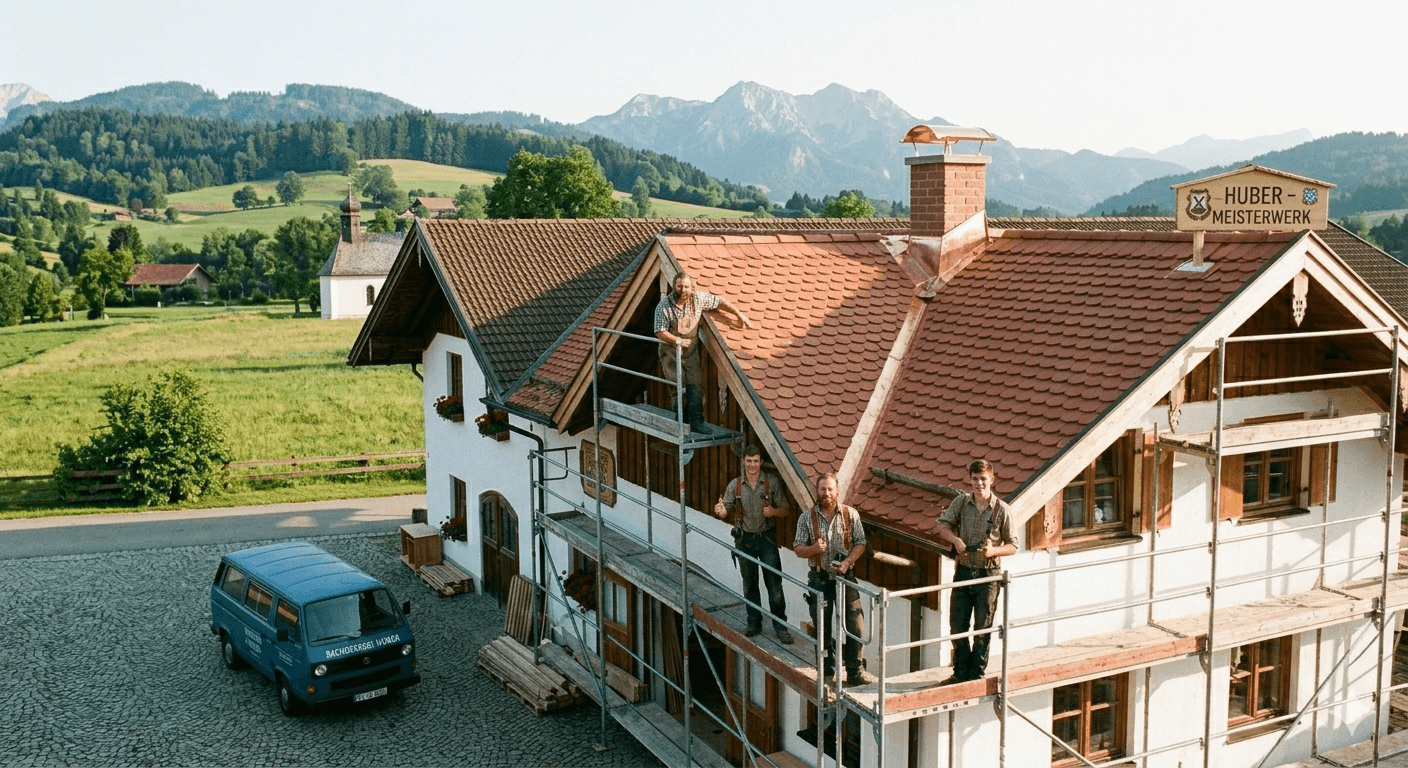 Familie Brandlmeier mit ihrem Team auf dem Gerüst eines Bauernhauses im Landkreis Dachau